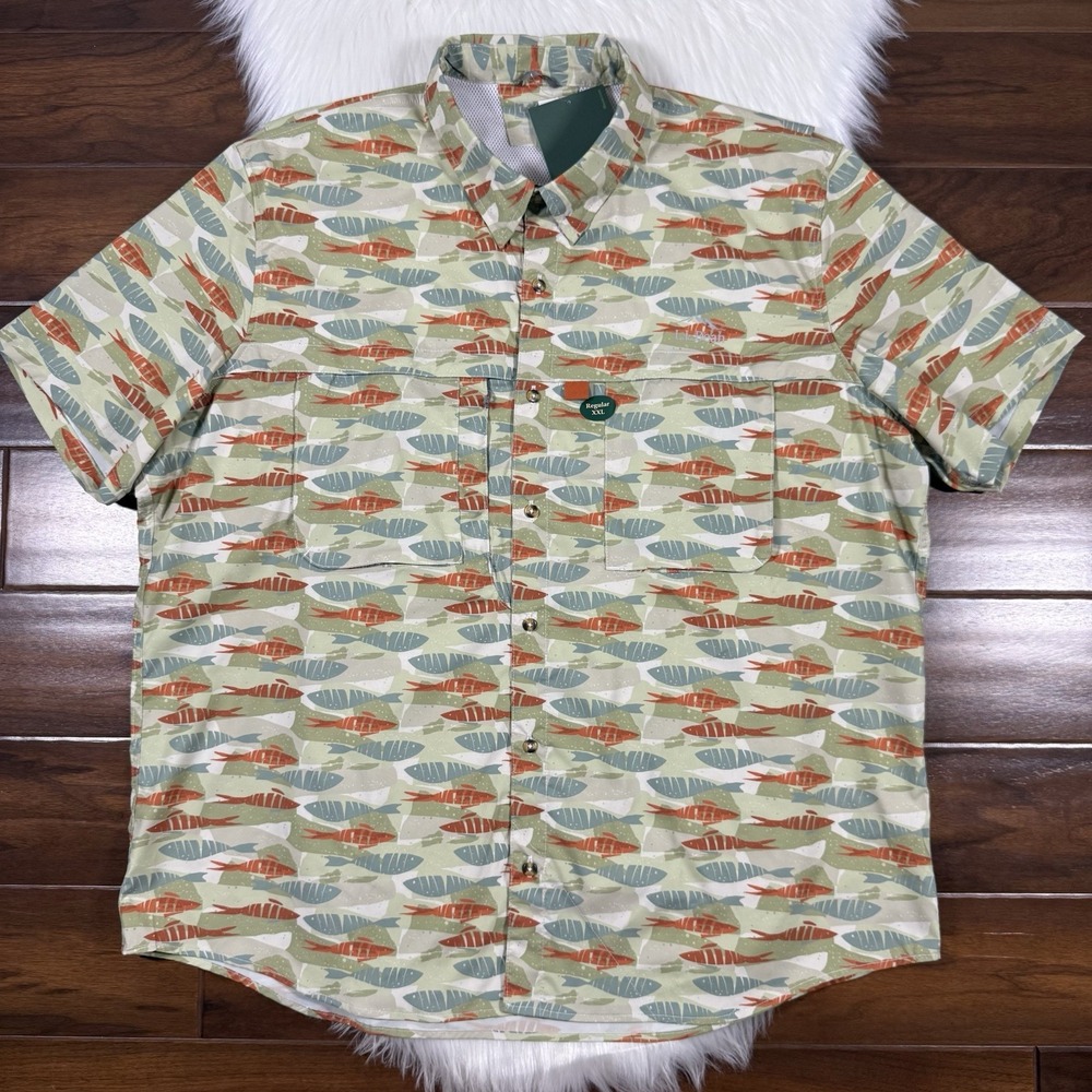 L.L. Bean Men's Size XXL Fish Print Tropic Wear Button Up Shirt Short Sleeve